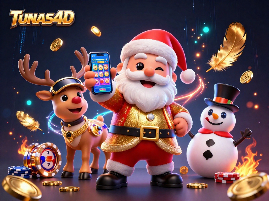 TUNAS4D shows a lively casino scene with Santa and friends celebrating jackpots amidst vibrant slot machines.
