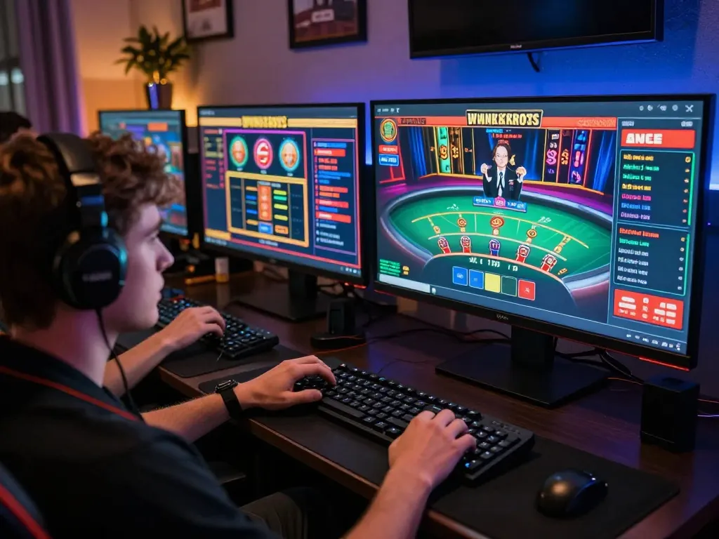 Engaging in a TR88 online casino gaming session with multiple screens showing live table action and slot games.