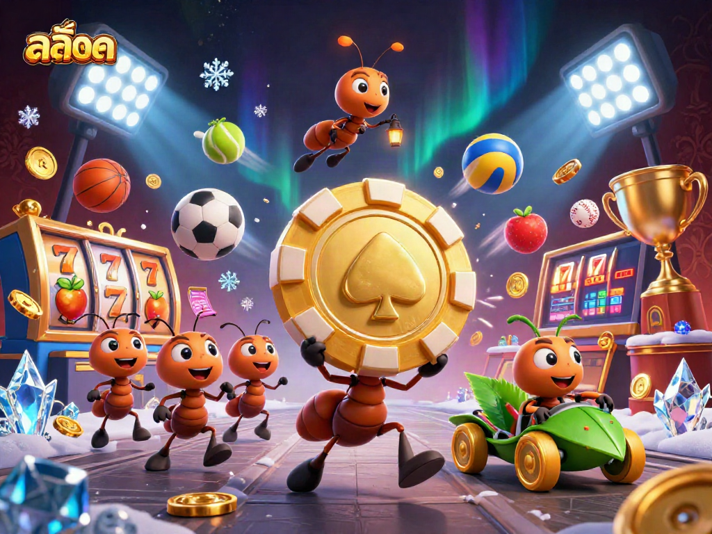 Experience the thrill of สล็อต with whimsical ants heisting a giant poker chip amid dynamic casino symbols.