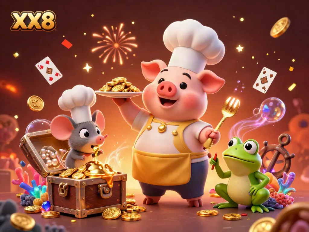 Join the vibrant gaming world of XX8 with a pig chef serving gold coins in a fun 3D illustration.
