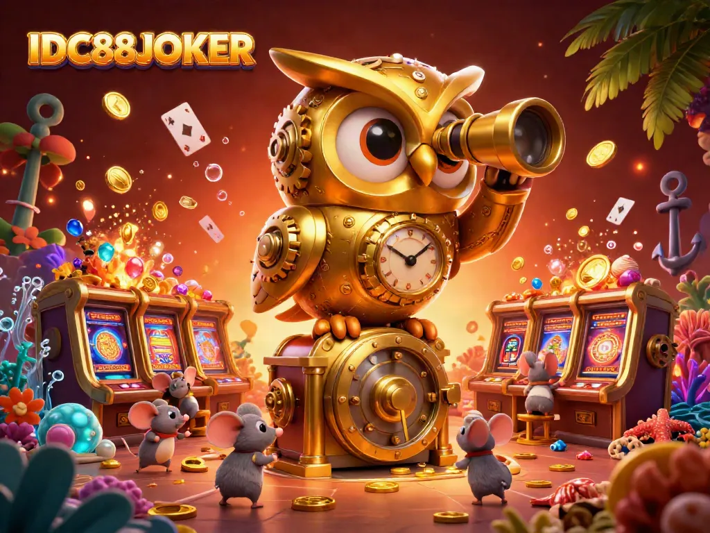 Experience the excitement of IDC88JOKER with a vibrant 3D illustration of a cartoon owl and golden treasures.
