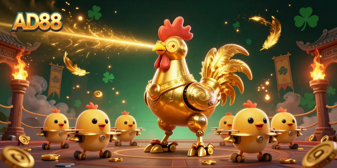 Join the action at AD88 with a vibrant casino scene featuring a golden rooster robot and baby chick drones.