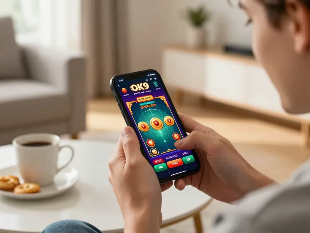 Engaging in online gambling with the OK9 app on a smartphone in a cozy home setting.