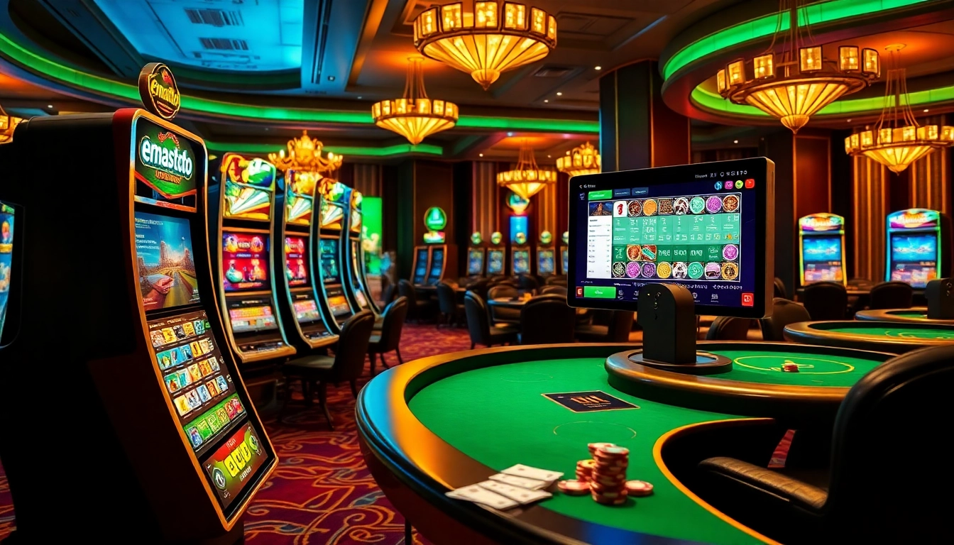 Bermain di meja kasino Emastoto yang berwarna-warni dengan mesin slot yang seru dan chip.