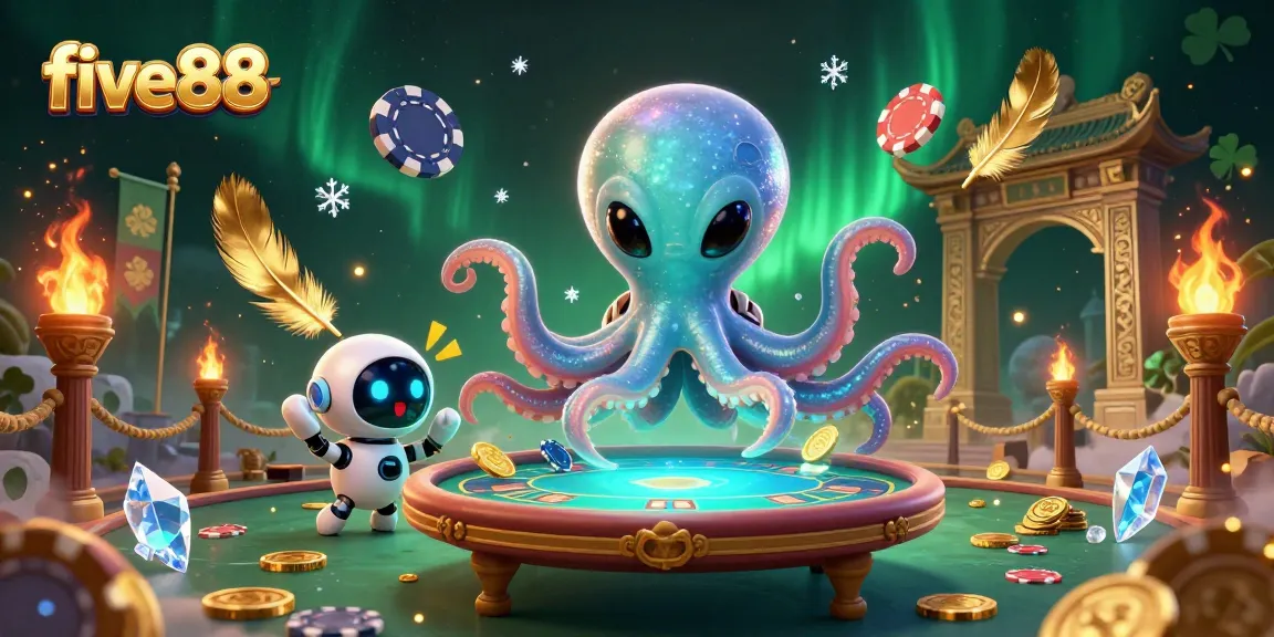 five88 showcases a vibrant 3D alien octopus at a poker table surrounded by cosmic elements.