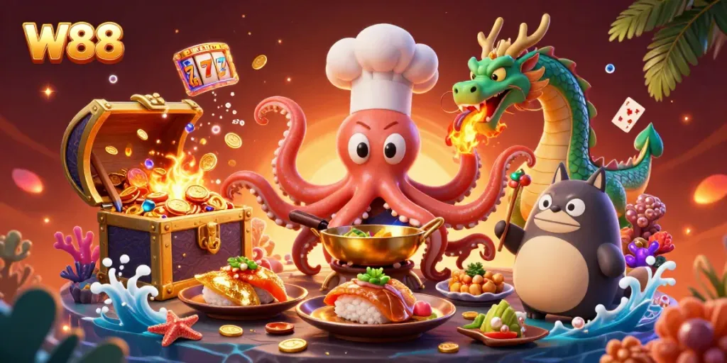 Experience W88's vibrant casino scene with sushi chef octopus, dragon, and rich game elements.