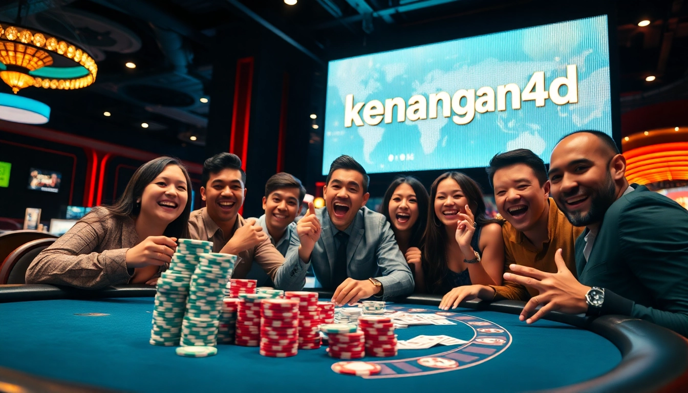 Rayakan kemenangan di kasino dengan kenangan4d, suasana ceria, dan tumpukan chip yang mencolok.