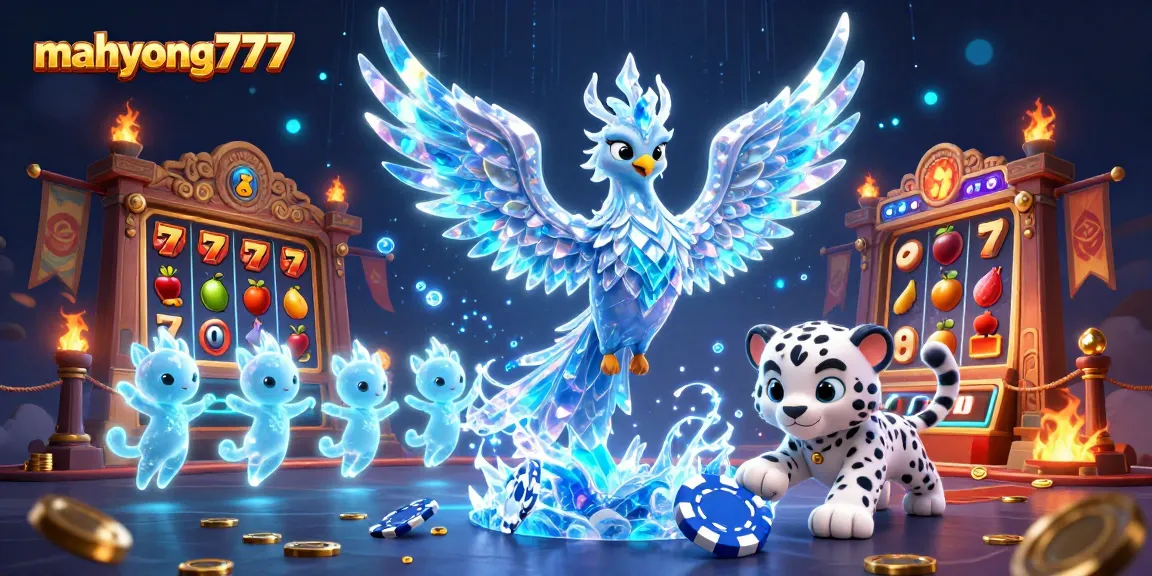 Play exciting mahyong777 with an ice phoenix and slot game elements in a vibrant 3D scene.