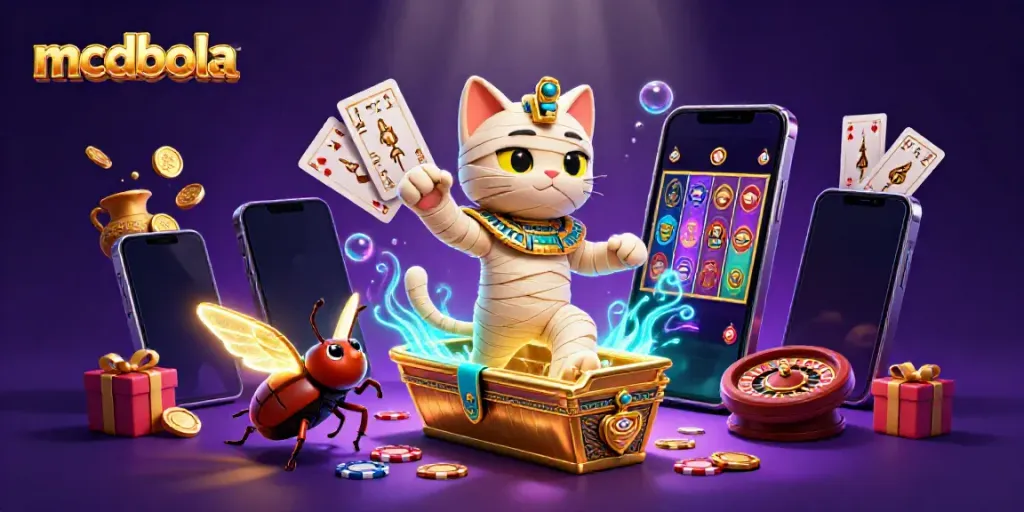 Mcdbola, kucing mumi kuno bermain di kasino dengan permainan slot dan koin berkilauan.