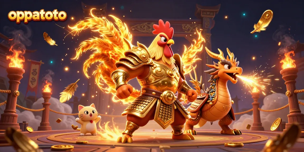 oppatoto offers a dynamic 3D scene with a fighting rooster warrior and dragon in a rich casino setting.
