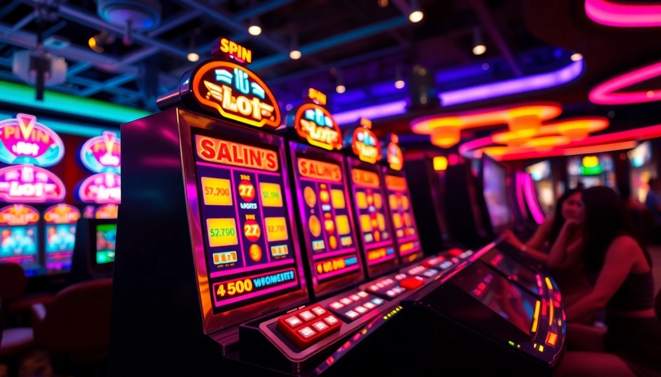 Putaran slot di mesin kasino yang berkilau dengan cahaya berwarna-warni.