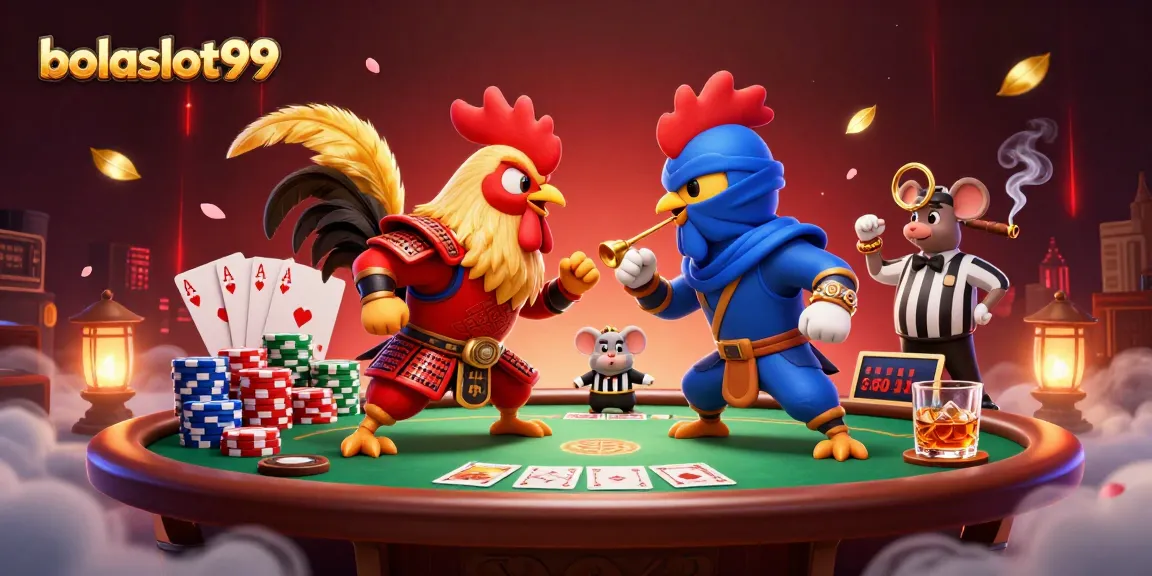 Bolaslot99 shows twin fighting roosters in action at a poker table with vibrant casino elements.
