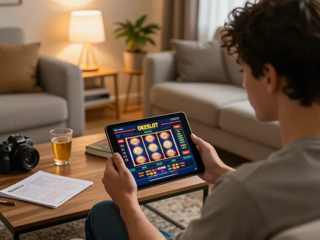 Play engaging slots at OKESLOT's online casino with a cozy home setup.