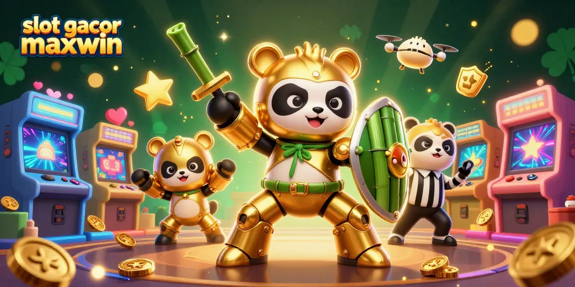 Permainan slot gacor maxwin dengan karakter panda mengemudikan robot, dikelilingi oleh penonton binatang.