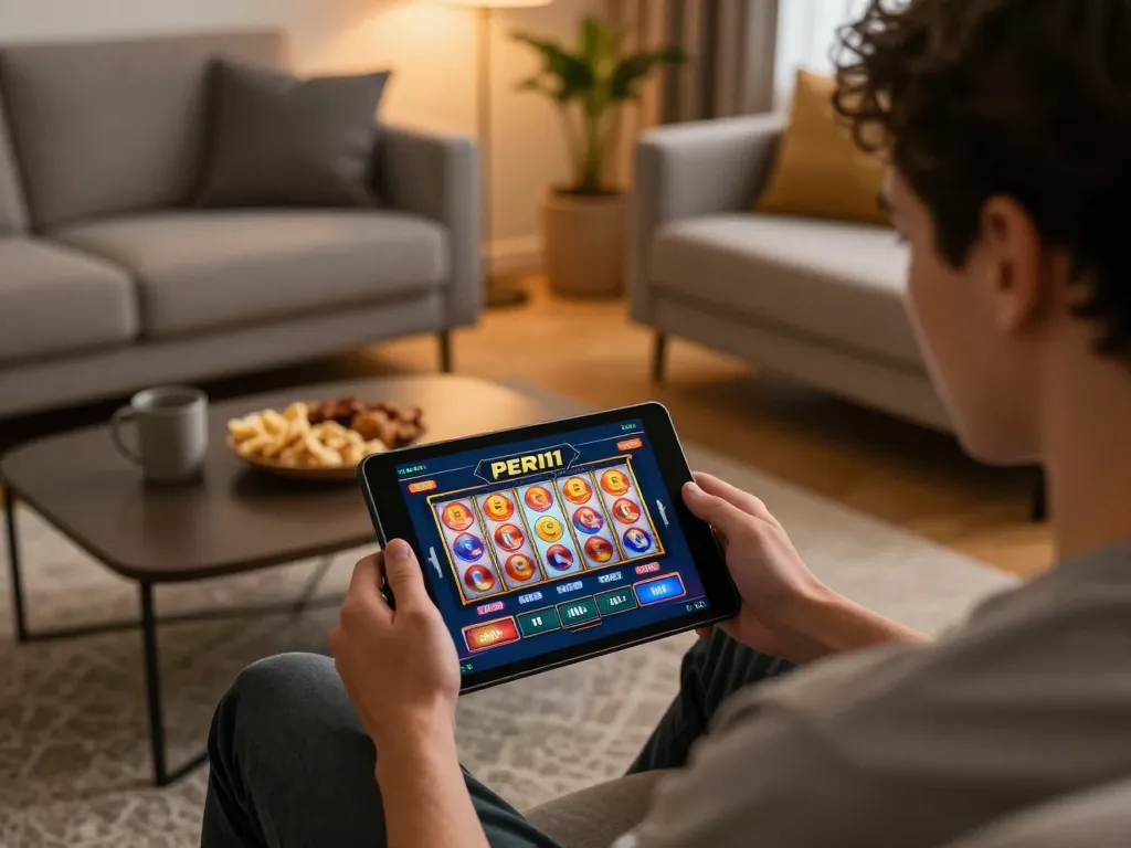 Engaging a slot machine in the PERI11 online casino from a cozy home environment, capturing a fun gaming moment.