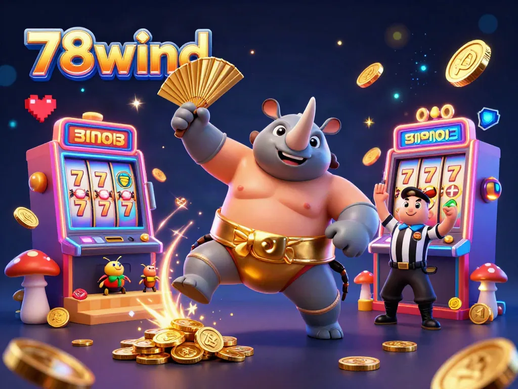 Engage with 78wind's vibrant casino scene, showcasing a cartoon beetle champion amidst spinning slot machines and gold coins cascading.