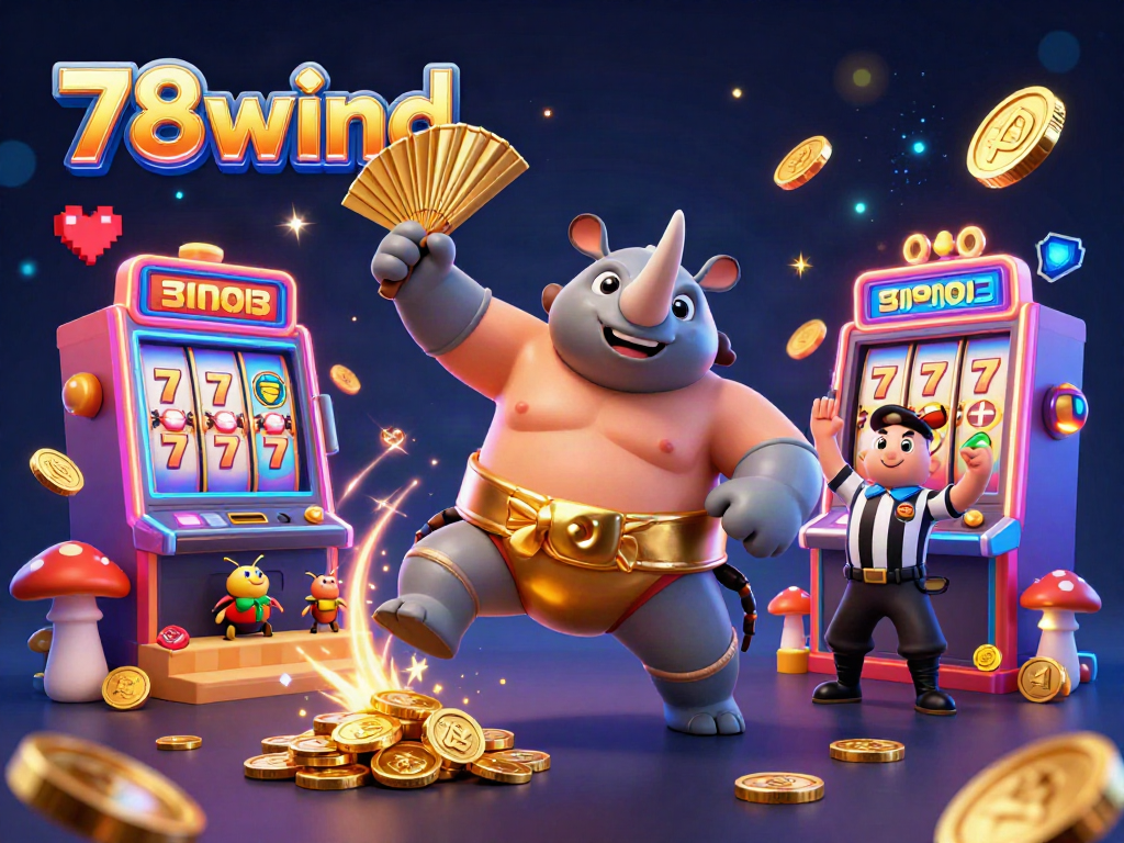 Engage with 78wind's vibrant casino scene, showcasing a cartoon beetle champion amidst spinning slot machines and gold coins cascading.