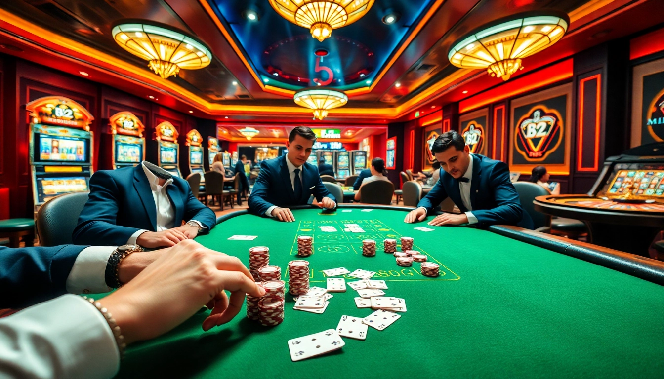 Experience high-stakes action at B52 Club, featuring vibrant poker tables and lively casino games.