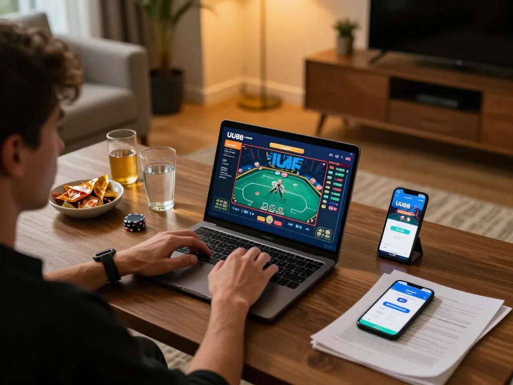Player enjoying poker on UU88 online casino platform in a cozy home setting