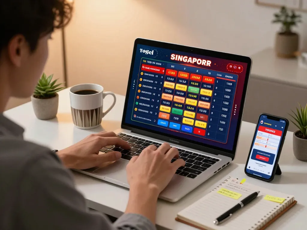Engaged player watching togel singapore live draw results on laptop, focusing on strategic betting.