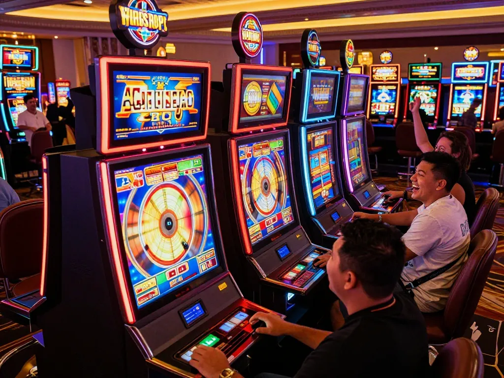 Pemain merasakan kegembiraan di berbagai mesin slot saat menjelajahi daftar deluna4d di kasino yang ramai.