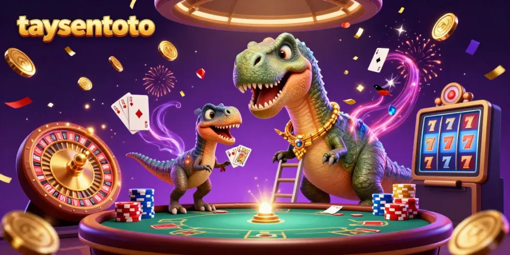 Visualisasi menarik di taysentoto dengan dinosaurus kartun dan permainan kasino yang meriah.
