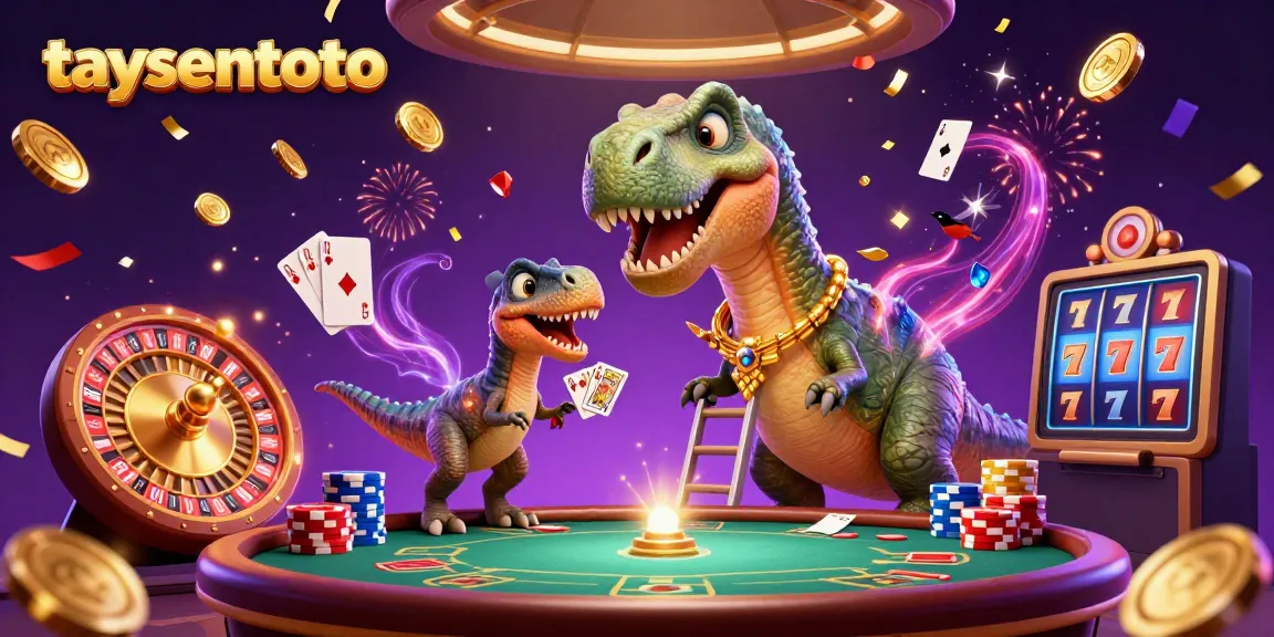 Visualisasi menarik di taysentoto dengan dinosaurus kartun dan permainan kasino yang meriah.