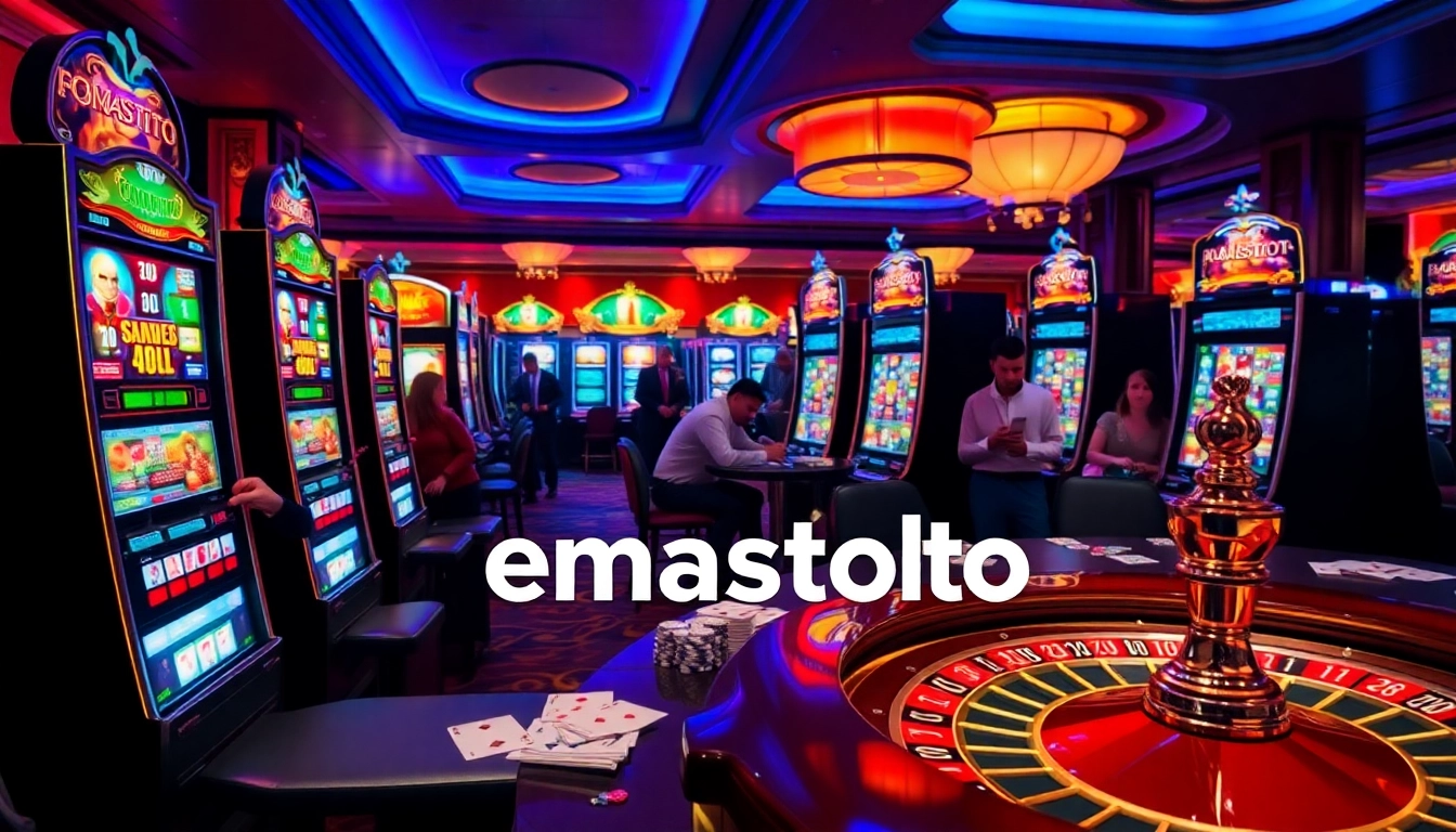 Pemain berinteraksi dengan mesin slot dan permainan di Emastoto Casino, menunjukkan kegembiraan dan gaya berjudi yang profesional.