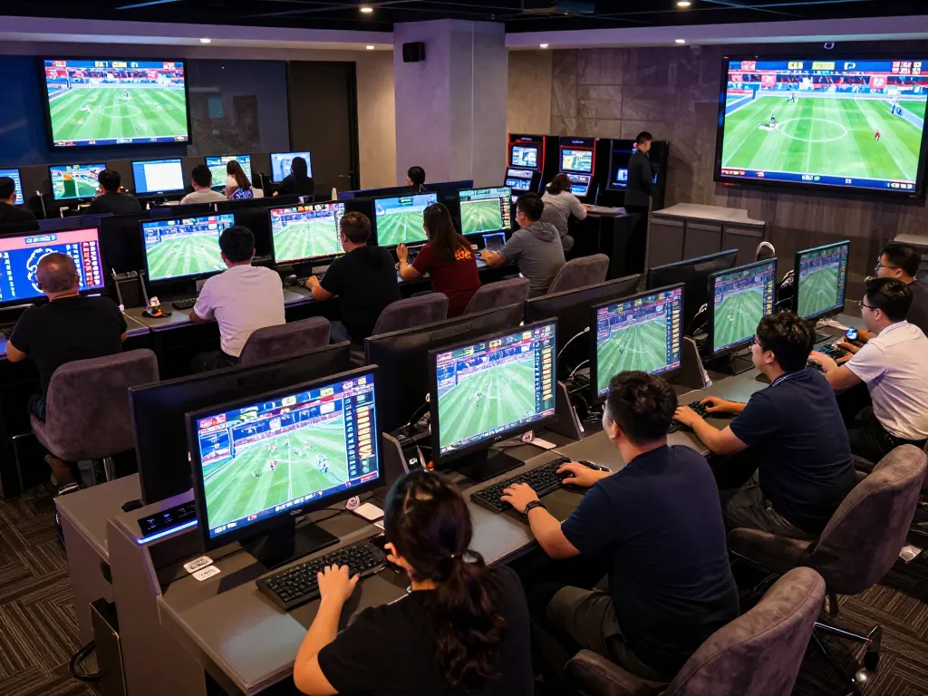 Patrons engaging with kèo nhà cái in a vibrant sports betting lounge during live events
