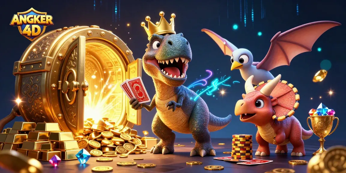 Engage with ANGKER 4D’s dynamic casino scene featuring T-Rex and friends maneuvering cards and chips.