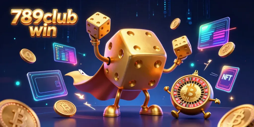 Experience the thrill of 789club win with vibrant 3D dice and casino elements swirling around in a lively digital illustration.