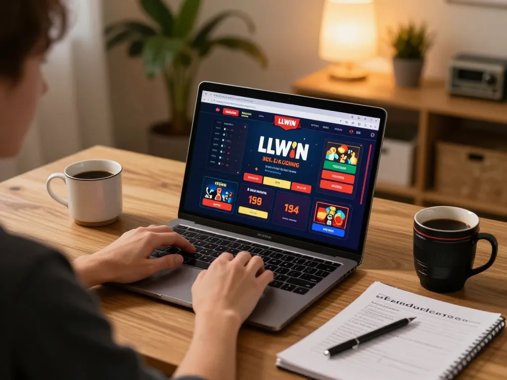 Engaging with LLWIN's online casino interface on a laptop during a cozy home gaming session