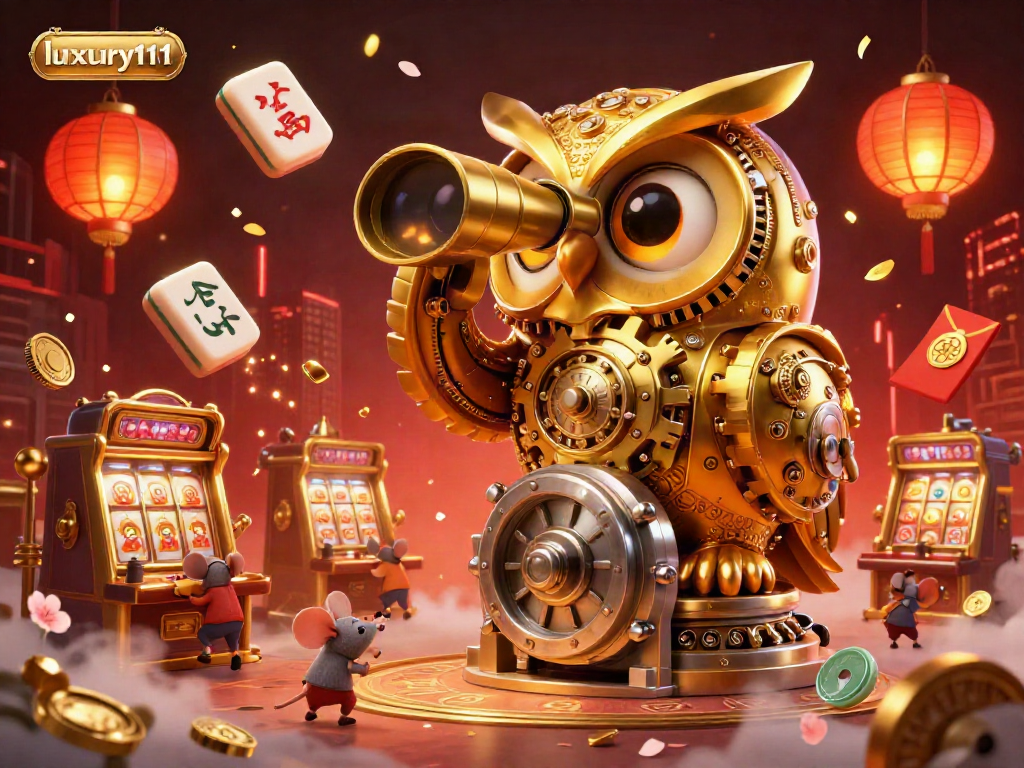 Experience the thrill of luxury111 at a vibrant casino with a golden owl and dynamic gaming elements.