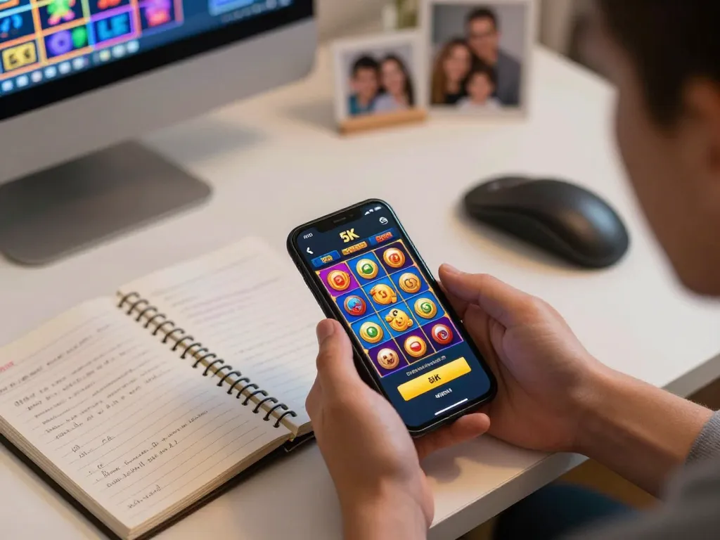 Engaging player on smartphone during slot deposit 5k gaming session at home with vibrant slot visuals.