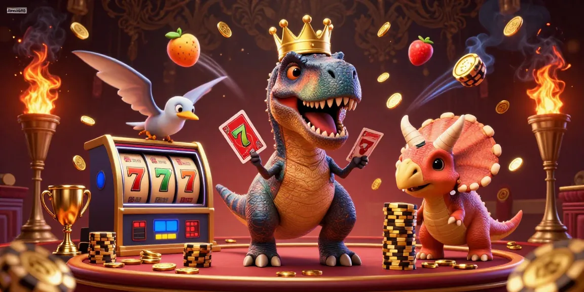 Experience the excitement of sawa888 with friendly dinosaurs shuffling cards and stacking chips in a vibrant casino atmosphere.