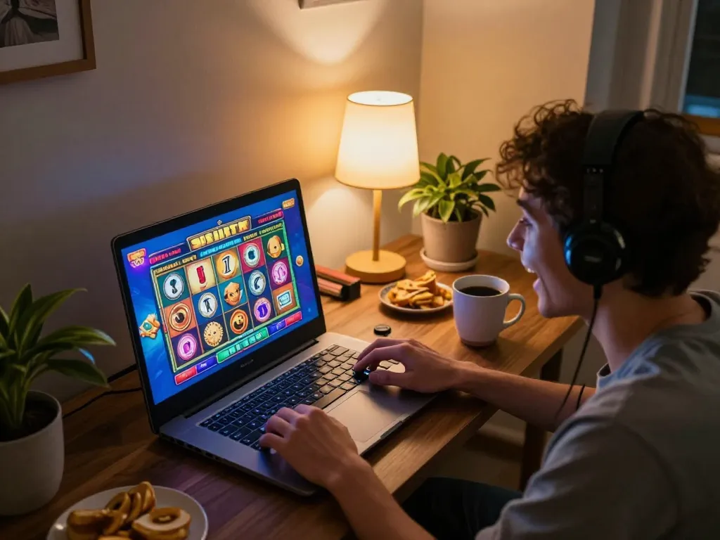 Playing slot777 online, a person spins the reels on a laptop in a cozy environment.