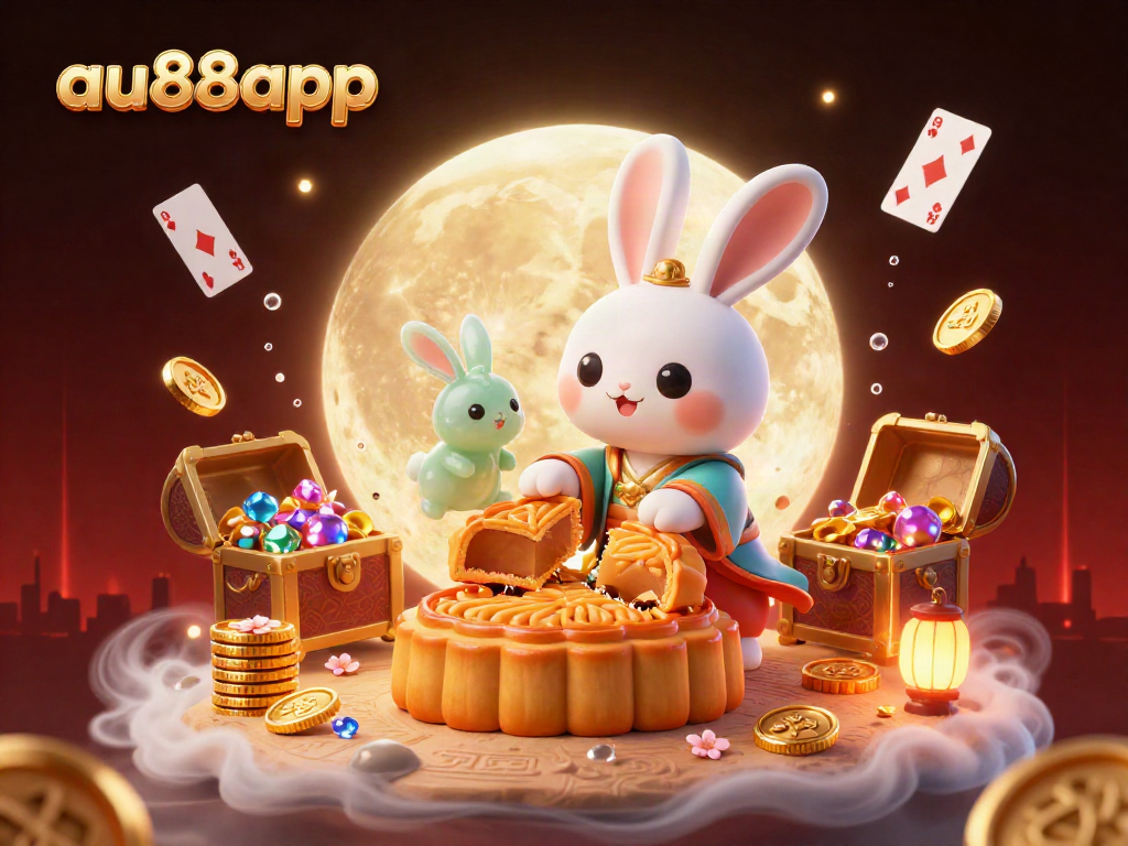 Experience the thrill of gambling with au88app in a vibrant lunar casino scene featuring poker chips and moon rabbits.