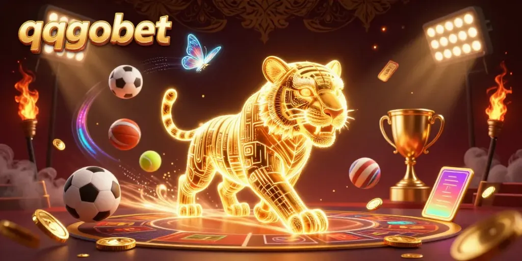 Menggali kemenangan dengan qqgobet di kasino digital, dipenuhi simbol peluang dan cahaya.