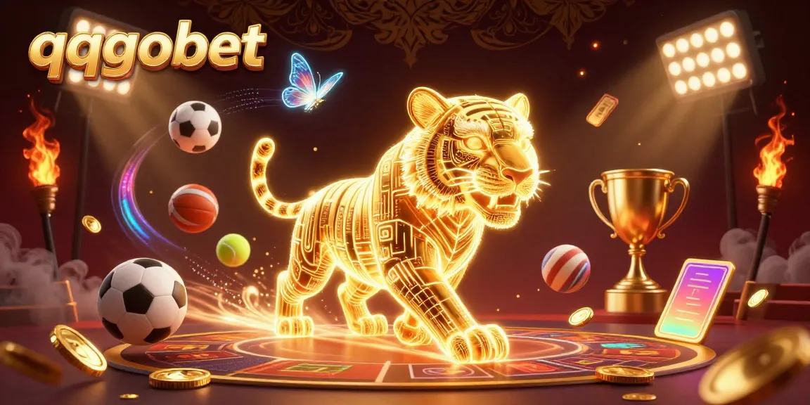 Menggali kemenangan dengan qqgobet di kasino digital, dipenuhi simbol peluang dan cahaya.
