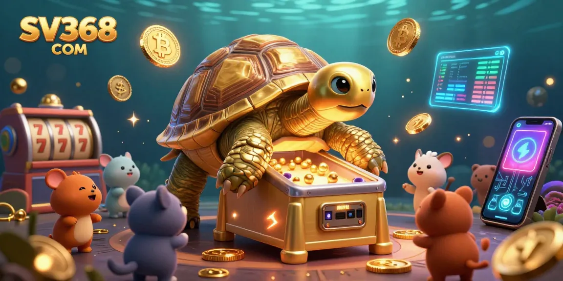 Engage with interactive slot machines and crypto elements at SV368 COM in this lively casino illustration.