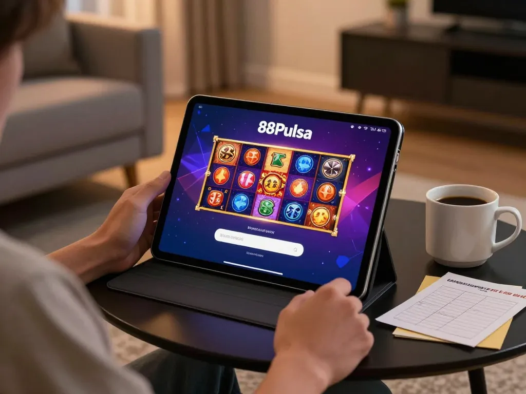 Person accessing 88Pulsa login on tablet amidst vibrant slot games in a cozy home setting.