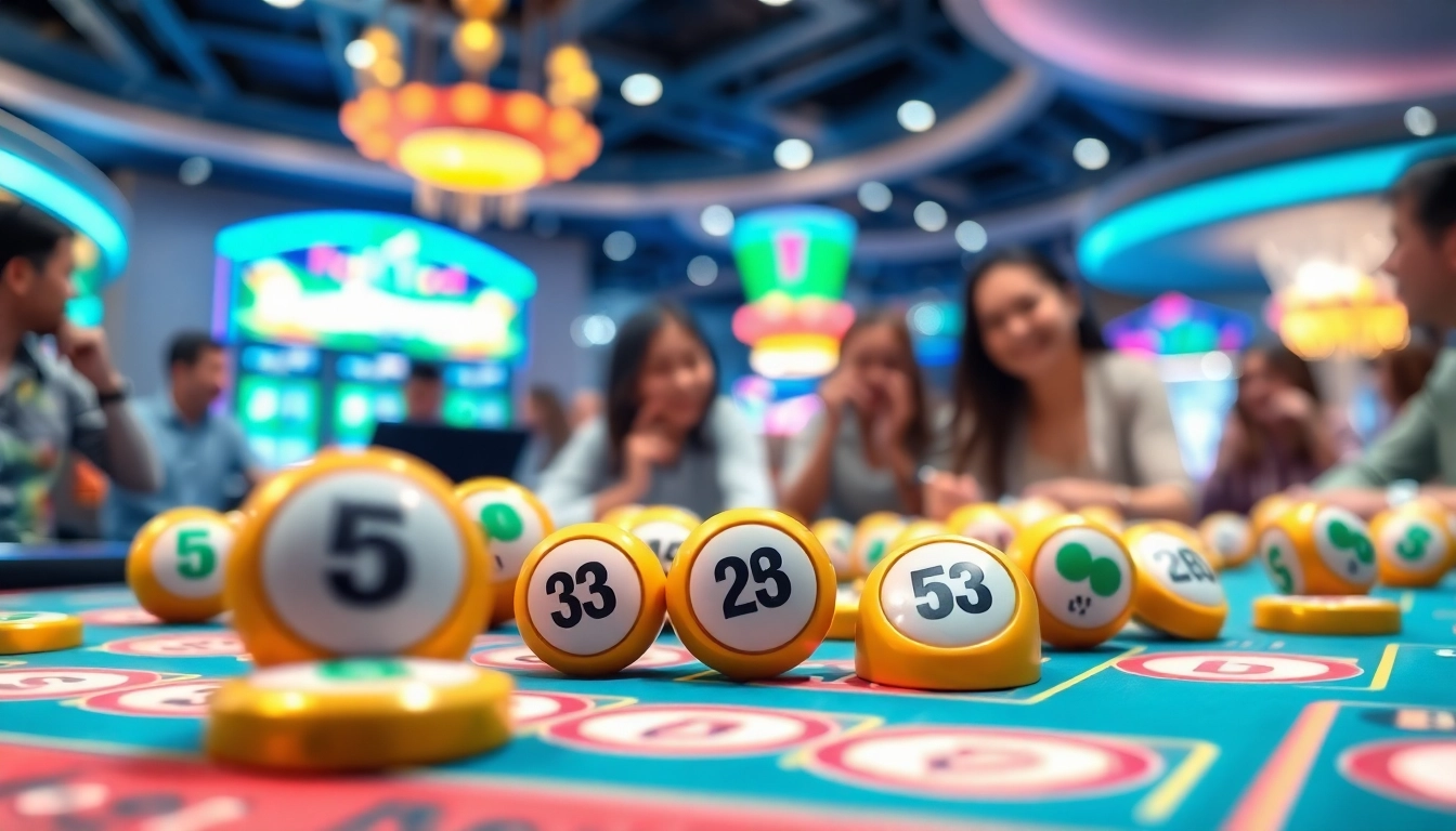 Bermain rikitogel dengan tokoh bermain yang ceria dan suasana casino yang meriah.