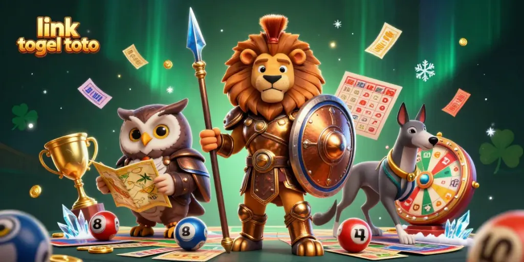 Mengambil peluang dari link togel toto, singa prajurit berdiri gagah dikelilingi elemen permainan lotere.