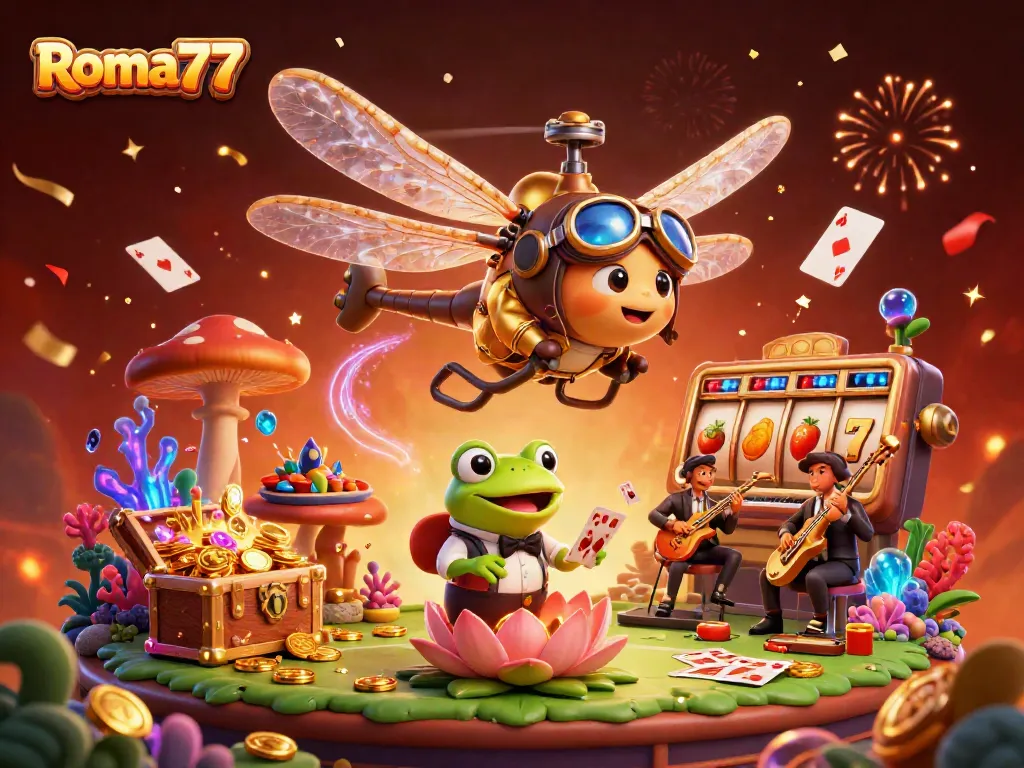 Watch Roma77's vibrant online gaming scene with dragonfly pilot and frog croupier