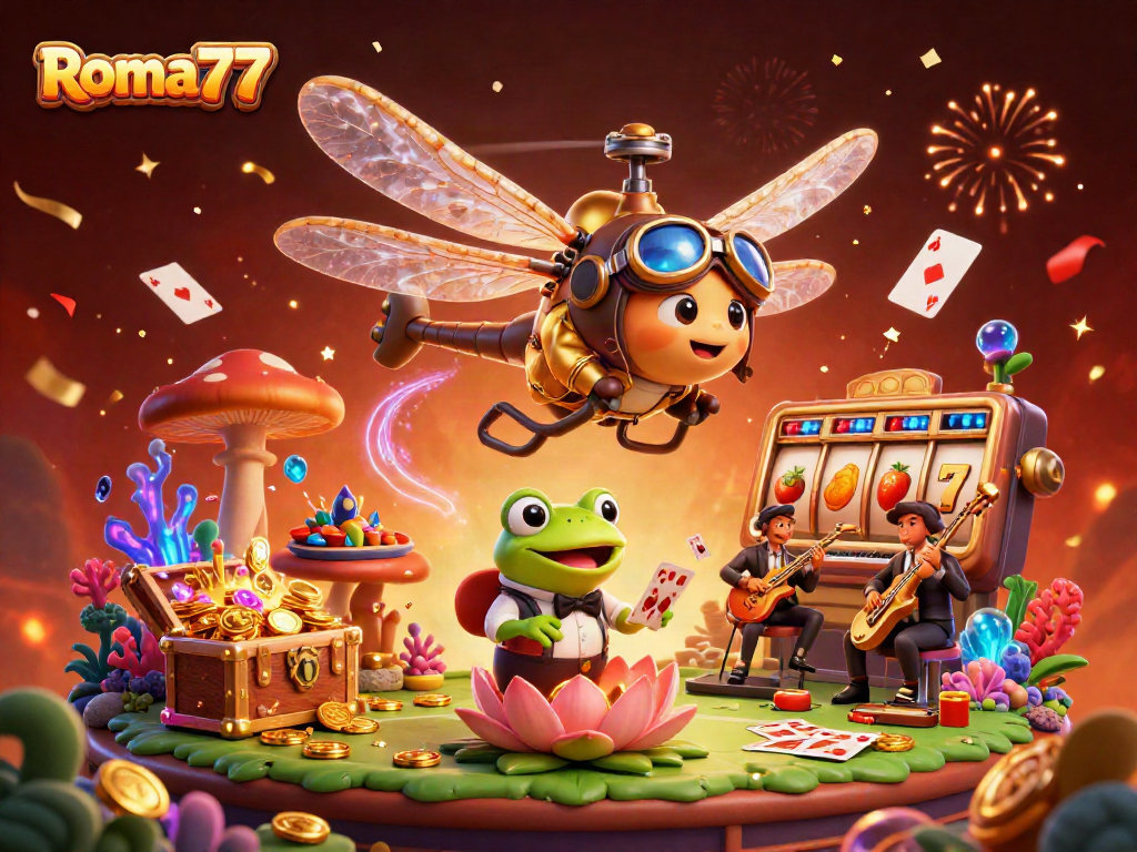 Watch Roma77's vibrant online gaming scene with dragonfly pilot and frog croupier