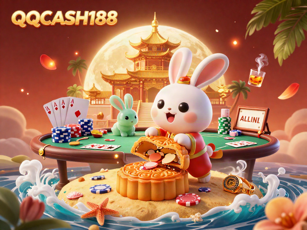 Experience the excitement of QQCASH188 with a moon rabbit celebrating jackpot wins amid vibrant casino elements.