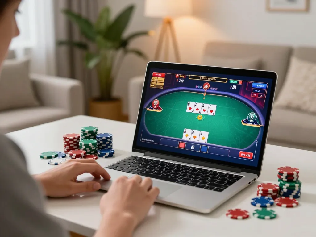 KADAL778 player strategizing online poker with colorful chips in a cozy home setting