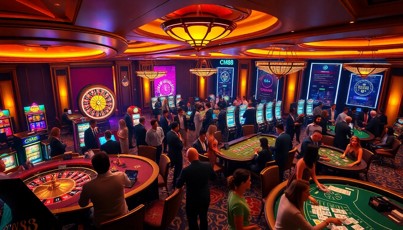 Experience the excitement of CM88 gaming at a luxurious casino featuring roulette, poker, and slot machines.