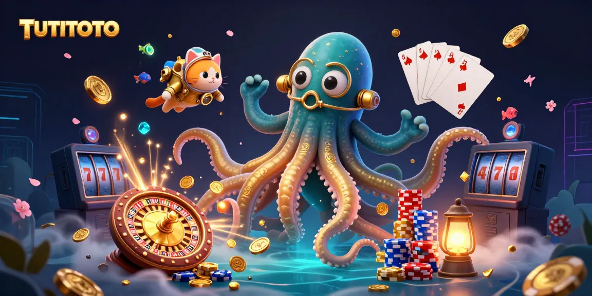 Experience TUTITOTO's thrilling casino atmosphere with a kraken, diving cat, spinning roulette, and gold coins.