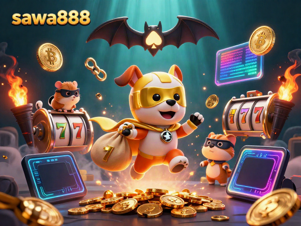 Experience excitement with sawa888 as a superhero dog flies through a jackpot scene full of coins.